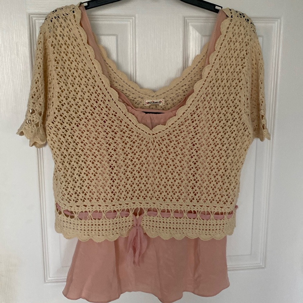 Polo Jeans company cream loose knit sweater with pink silk tank underneath